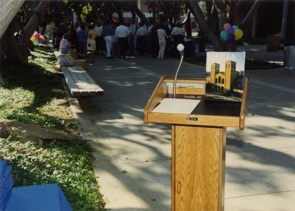 Empty podium at the staff retirement party, 1991