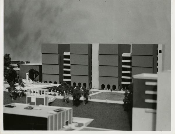 Model of the exterior of the Life Sciences building with surrounding courtyard