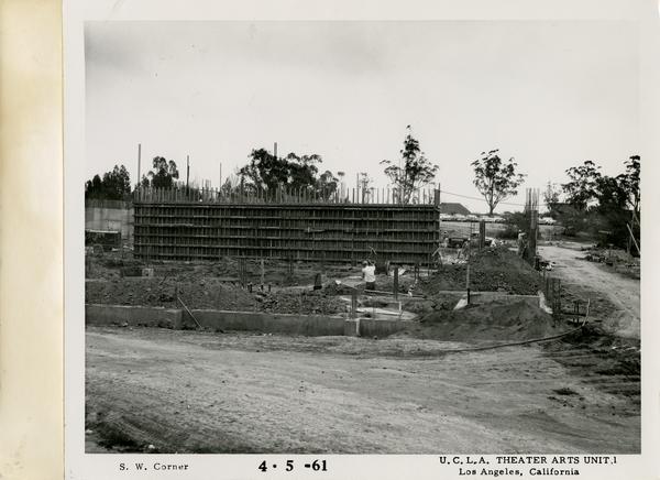 View of southwest corner of MacGowan Hall under construction, April 5, 1961