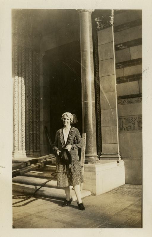 Woman in front of Royce Hall where art department is located, August 17, 1929
