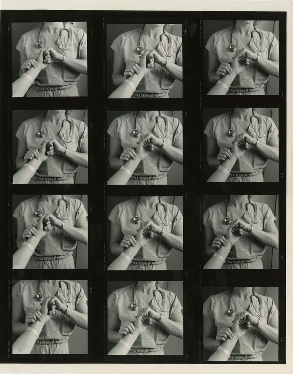 Contact sheet of images of nurse taking a patient's pulse, ca. 1985