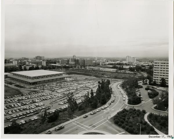 Parking Structure H in background with Art Center in foreground, December 17, 1965