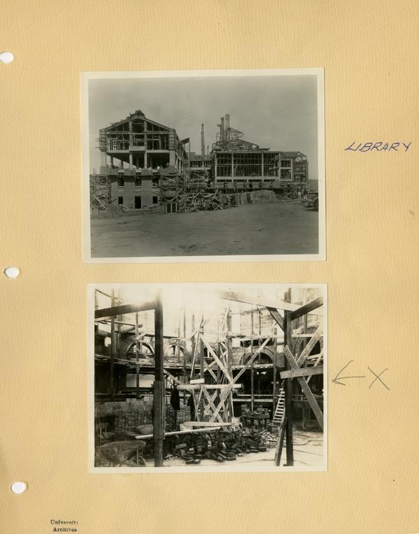 View of exterior and interior of Powell Library during construction