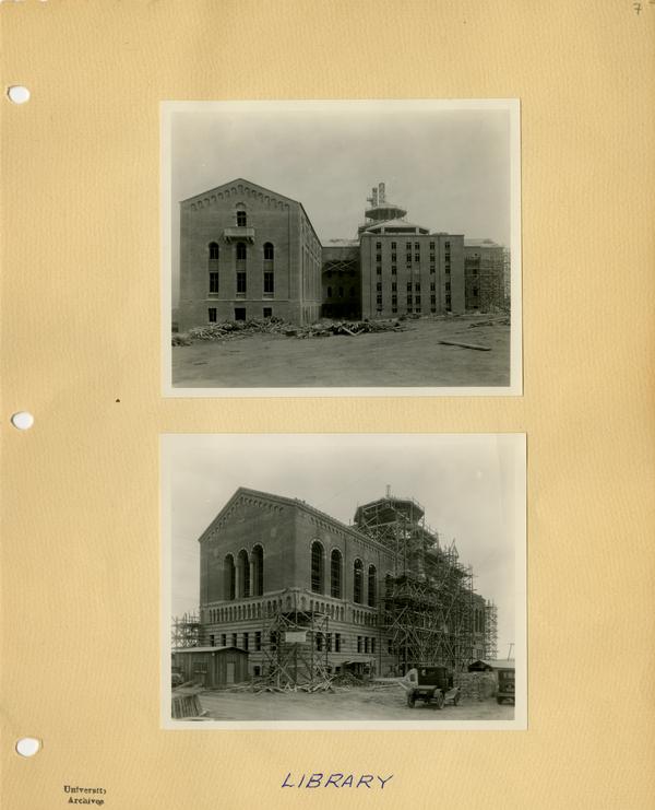 Two views of Powell Library during construction