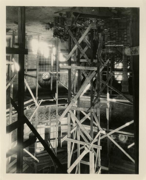 Interior view of Powell Library during construction