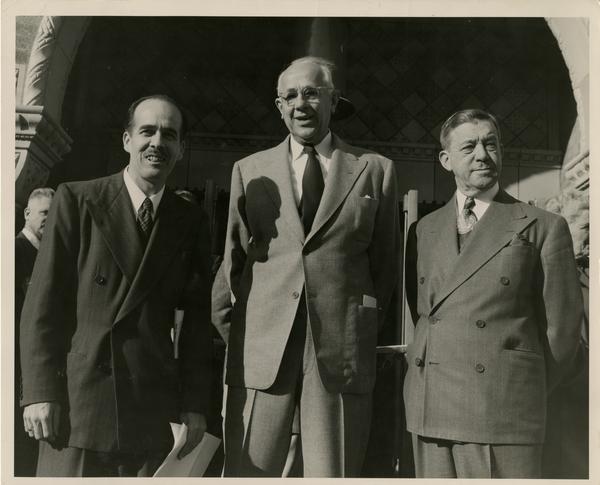 Powell, Dykstra, and Dickson at dedication ceremony of Powell Library east wing