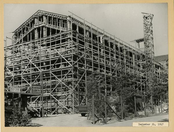 Powell Library east wing during construction, December 24, 1947