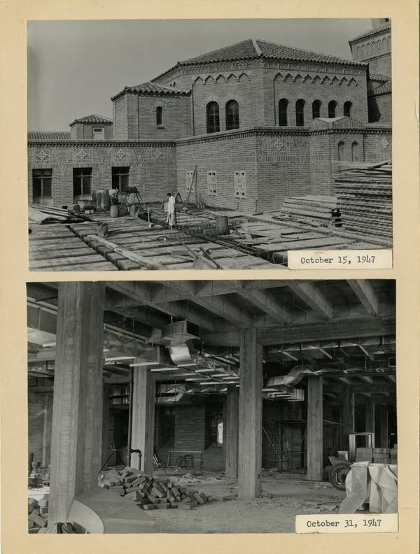 Two views of Powell Library east wing during construction, ca. October 1947
