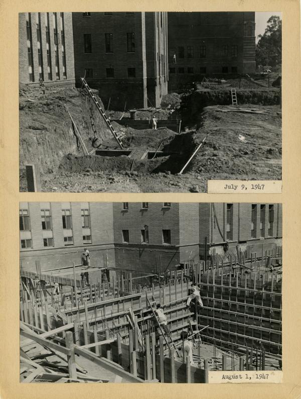 Two views of Powell Library east wing during construction, ca. July/August 1947
