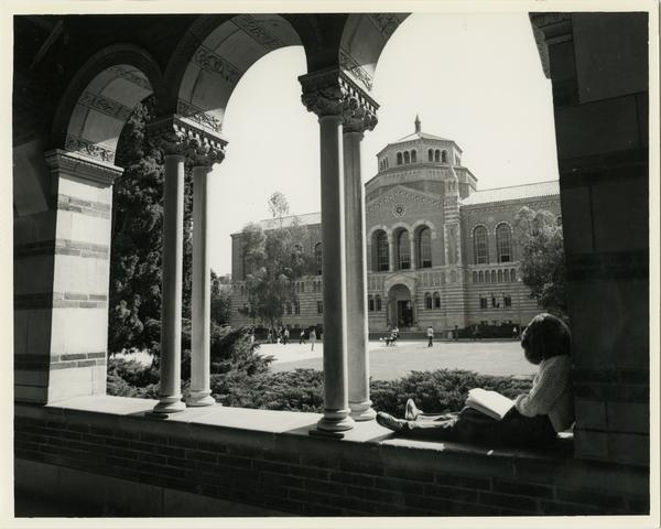 View of Powell Library through Royce Hall arches, ca. 1985