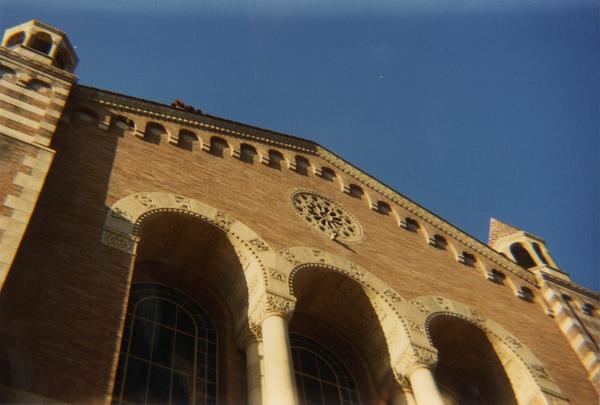 View of windows above Powell Library entrance, ca. 1987