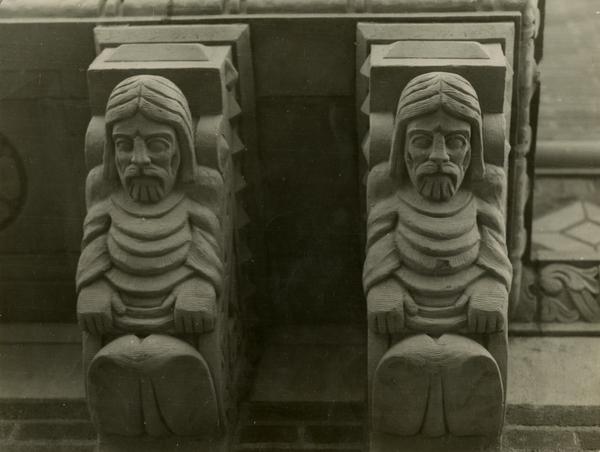 View of small statues outside of Powell Library, ca. 1929