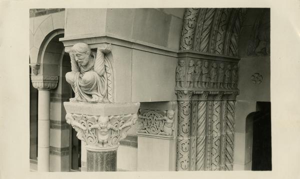 Architectural sculpture decoration of Powell Library entrance, ca. 1929