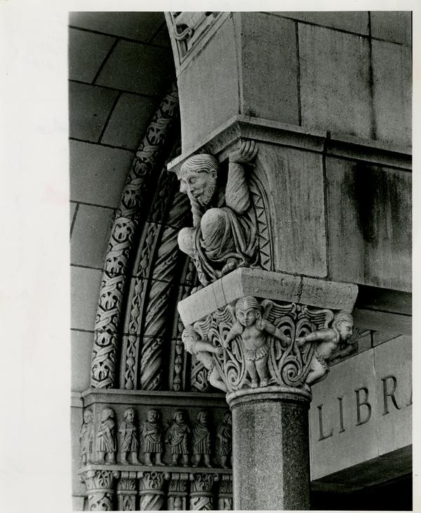 Architectural sculpture decoration of Powell Library entrance, ca. 1929