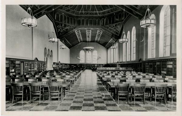 Interior view of Main Reference Room of Powell Library