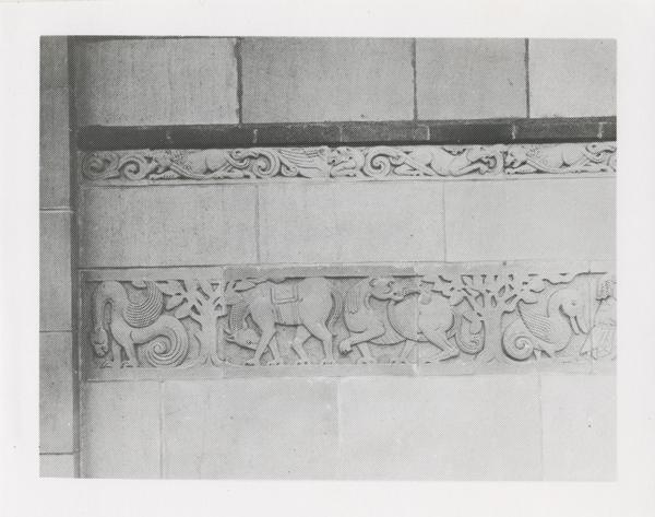 Exterior stone carvings of Powell Library