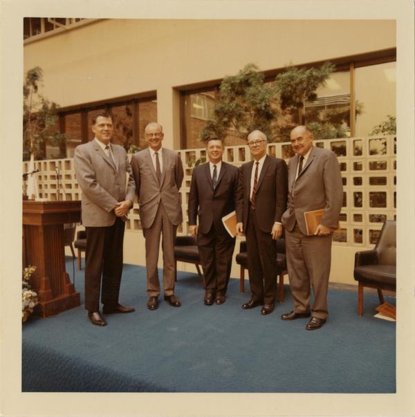 Dedication of School of Public Health building with Chancellor Charles Young, Kenneth Hahn, George James, L.S. George, Dean William Young, October 4, 1968