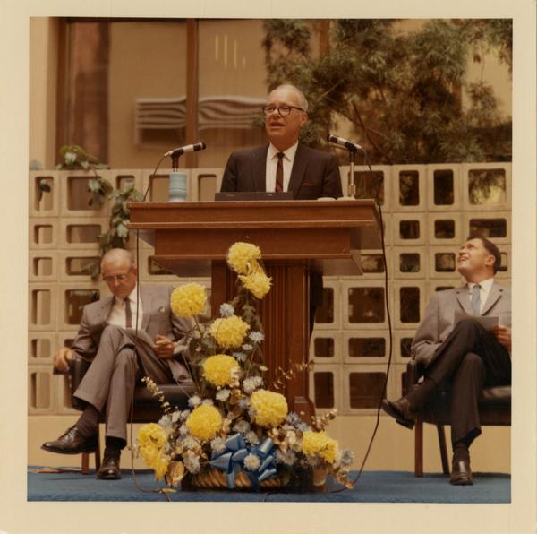 Dean Goerke speaking at dedication ceremony of the School of Public Health building, October 4, 1968