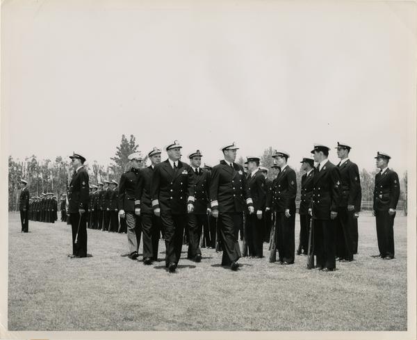 Captain L.C. Grannis professor of naval science and Rear Admiral Wilder D. Baker, USN, Commandant of the Eleventh Naval District, inspect UCLA's 200-man Naval ROTC unit, July 24, 1950