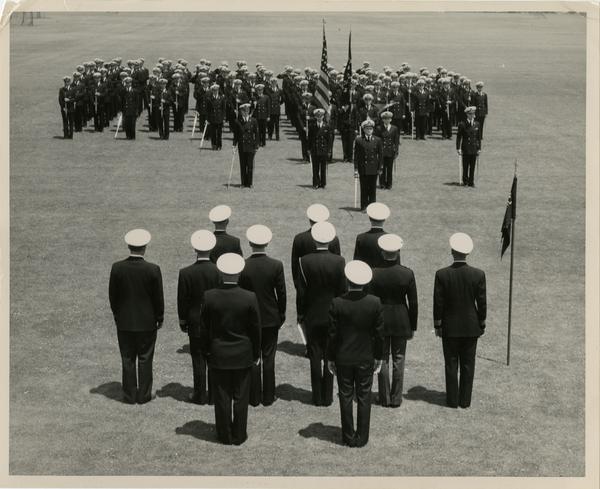 Presentation of the colors by UCLA's Naval ROTC unit at the traditional parade and review at the end of each semester, July 24, 1950