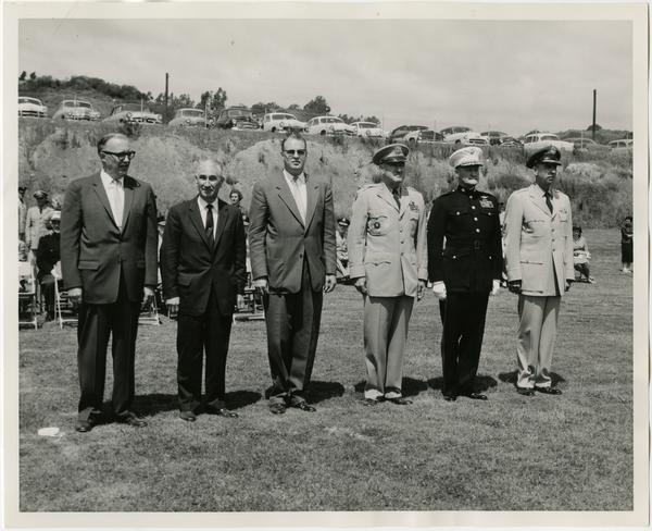 Reviewing Officers and dignitaries at the Annual Joint ROTC Review: Chancellor Raymond B. Allen, Dean David F. Jackey, Colonel Richard Lynch, Major General Ivan L. Foster, Major General T.G Ennis, and Brigadier General Robert L. Scott, May 2, 1957