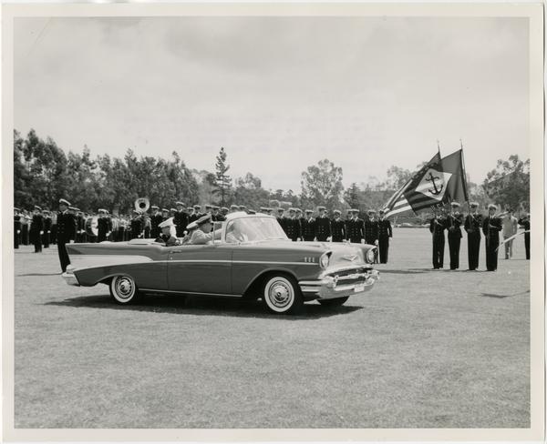 Major General Ivan L. Foster, Major General J. G Ennis, and Brigadier General R. L. Scott inspecting troops at the Annual Joint Review of the UCLA ROTC, May 2, 1957