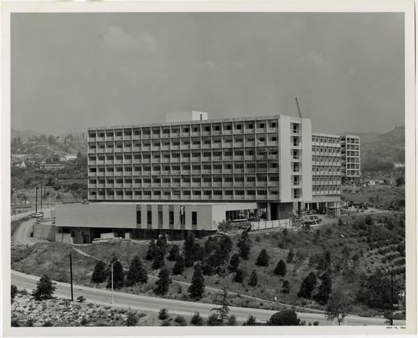 Exterior view of Rieber Hall, Residence Hall, ca. May 1963