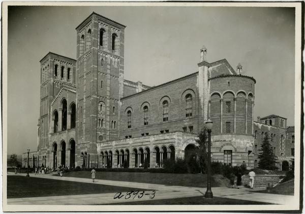 View of Royce Hall and people walking by building