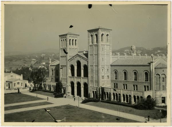 View of Royce Hall from Humanities Building with Women's Gymnasium in the background, 1937