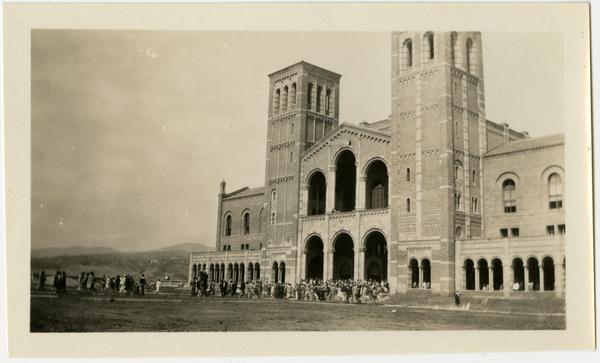 View of Royce Hall entrance with students congregating for First Assembly, 1929