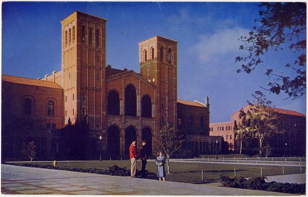 People outside of Royce Hall with view of Haines Hall on the right