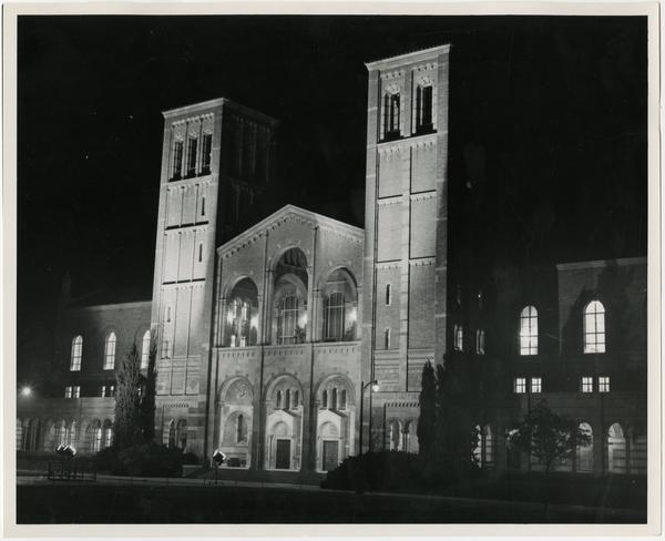 View of Royce Hall at night during Homecoming, October 18, 1952