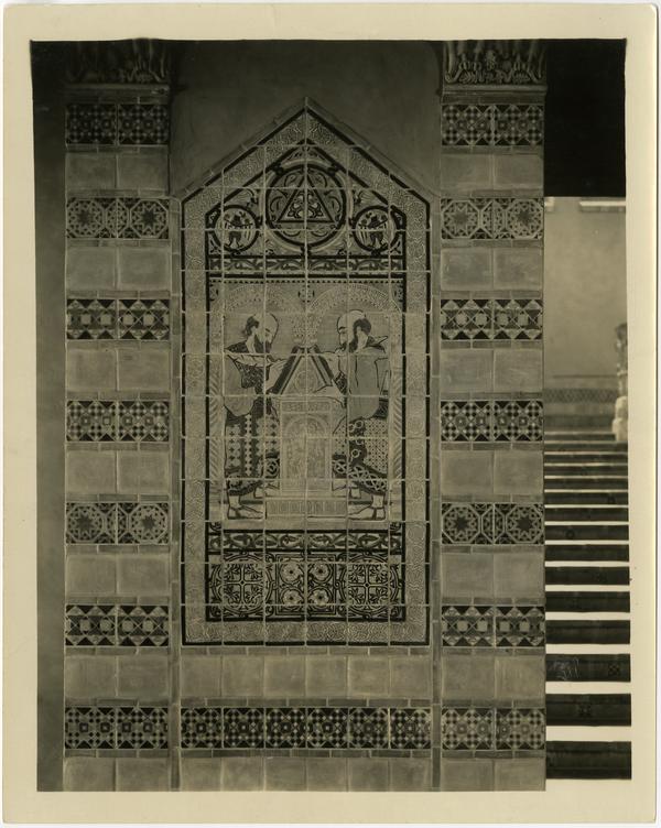 Artwork on wall within Royce Hall near a staircase, ca. 1930