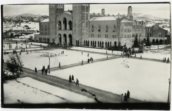 Snow covering Royce Hall and quad, ca. 1927