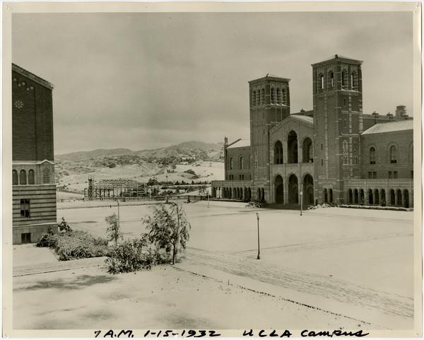 View of Royce Hall and quad in the morning covered in snow, January 15, 1932