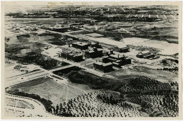 Aerial view of campus covered in snow