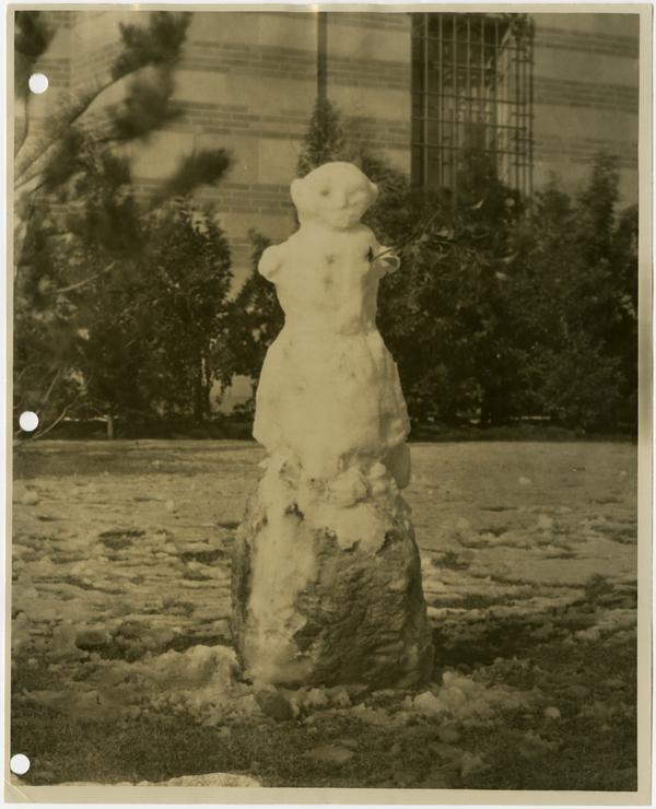 Snow man on campus, ca. 1932