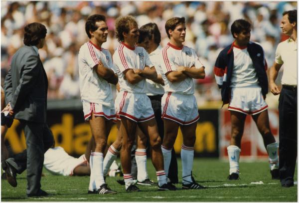 UCLA team member, Paul Caligiuri, standing (third from right) with team at 1986 FIFA World Cup All-Star Game, July 1986