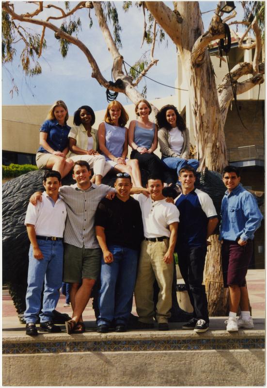 Spirit Squad posing by Bruin Bear sculpture, June 1998