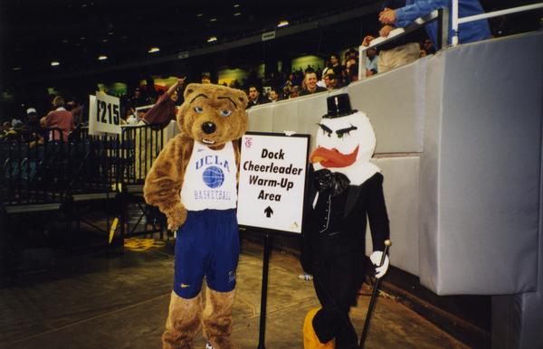 Joe Bruin with Duck mascot, March 1998