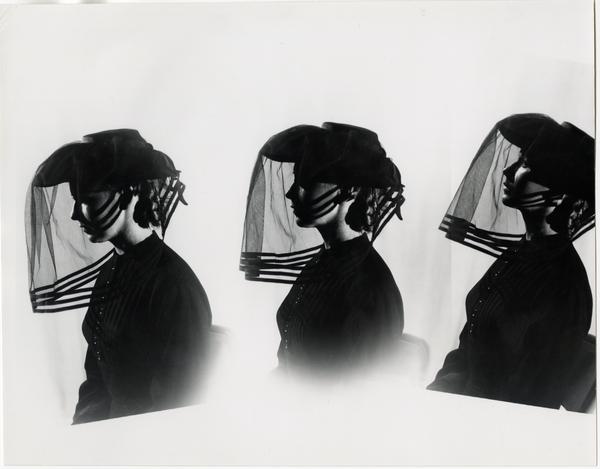 Three views of woman in black with veil over face in Theater Arts Department production scene