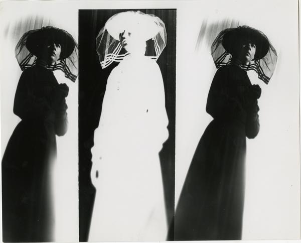 Three views of woman in black with veil over face, one is a negative image, in Theater Arts Department production scene