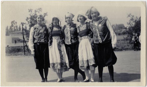Mary Woodbridge, Thyra Toland, Betty Allen, and Sara Berlinin "Pageant of the Sun" at Vermont campus, ca. 1926