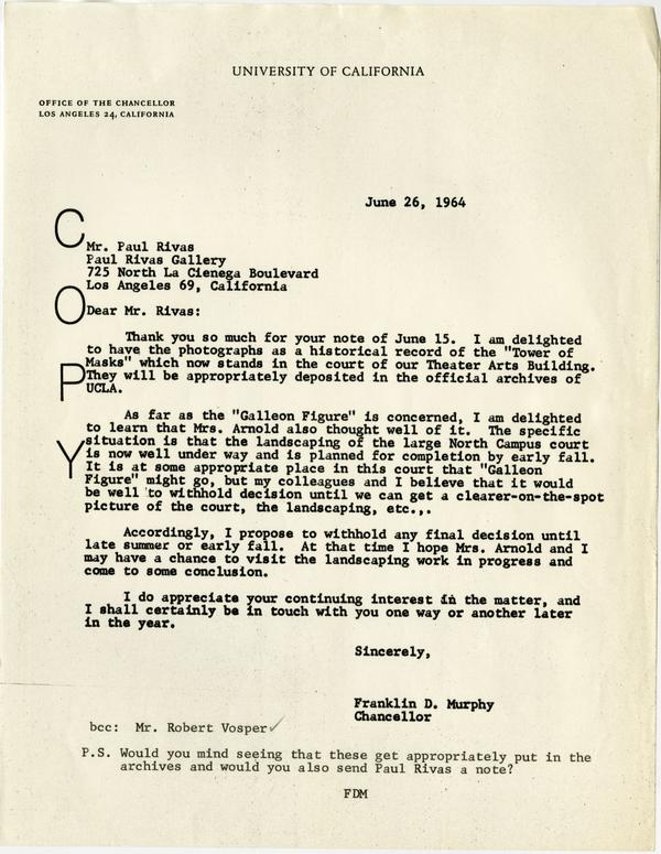 Copy of letter to Paul Rivas from Chancellor Franklin D. Murphy regarding photographs of "Tower of Masks", June 26, 1964
