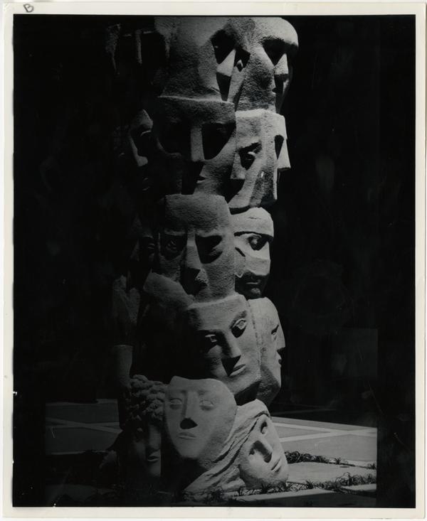 "Tower of Masks" statue scultped by Anna Mahler in Theater Arts court
