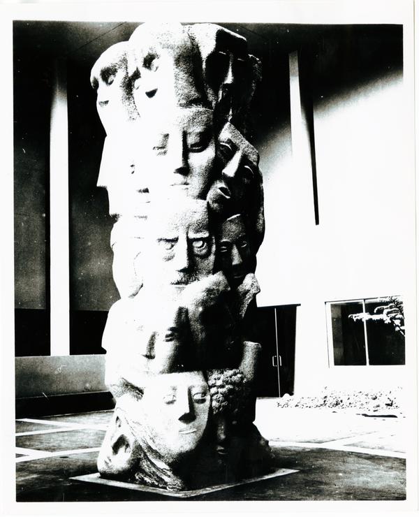 "Tower of Masks" statue scultped by Anna Mahler in Theater Arts court