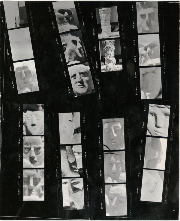 Contact sheet with multiple shots of "Tower of Masks" statue scultped by Anna Mahler