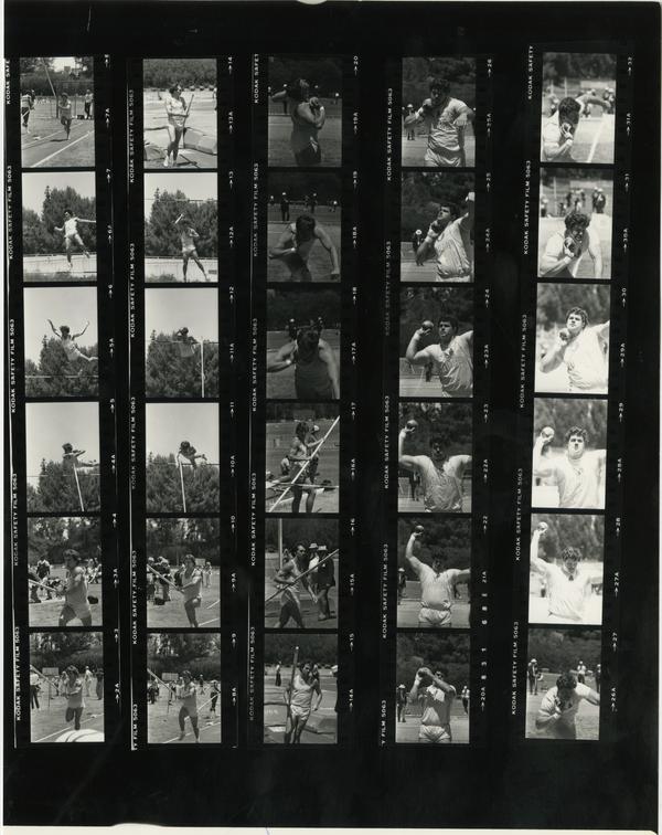 Contact sheet of UCLA track team at USC track field, May 5, 1984