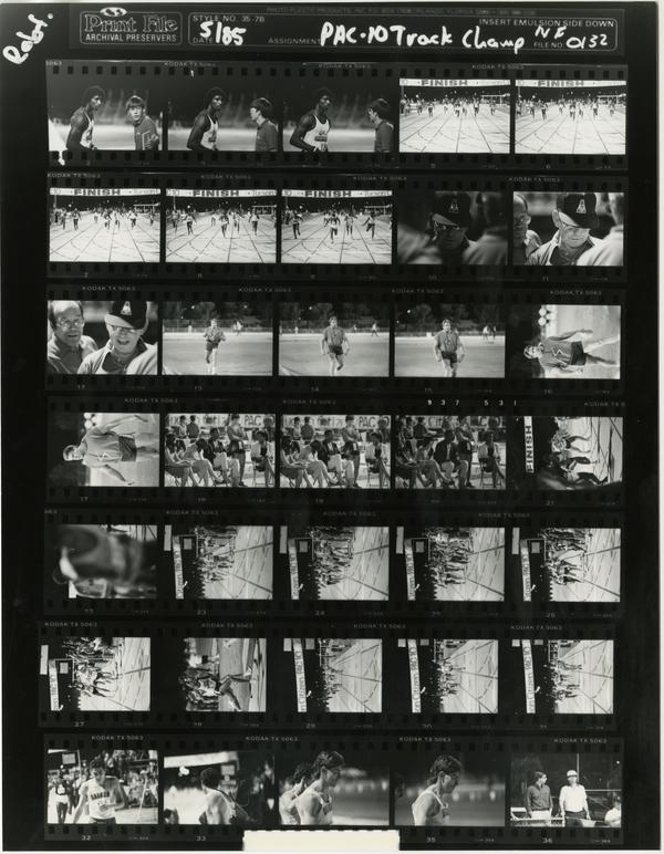 Contact sheet of UCLA track team at PAC 10 championship, May 1985