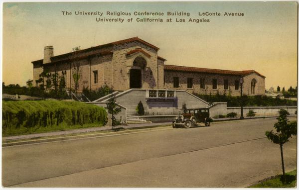 Hand-colored post card of University Religious Conference building located on LeConte Avenue